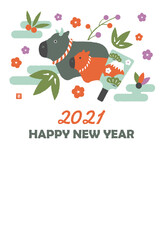 2021 令和三年 丑年 年賀状素材 / 牛の置物親子イラスト / 挨拶文なし