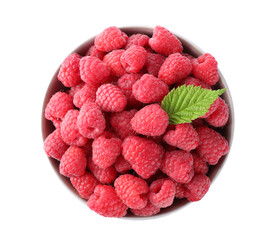 Delicious fresh ripe raspberries in bowl isolated on white, top view