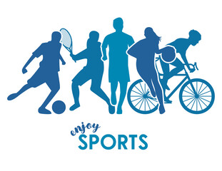 sports time poster with athletes blue figures silhouettes