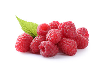 Fresh ripe raspberries with leaf isolated on white