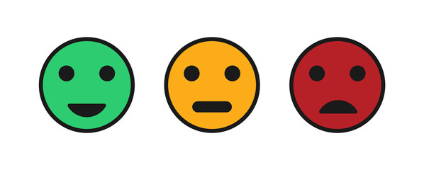 Set of Emoji icons in different colors: red, yellow, green. Different emotions emoticons. Set of symbols, icons for voting. Service quality assessment.