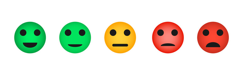Set of Emoji icons in different colors: red, yellow, green. Different emotions emoticons. Set of symbols, icons for voting. Service quality assessment.