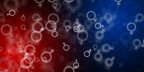 Abstract red and blue background with flying male and female symbols