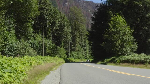 Summer day curvy road mountainside forest and a Toyota Tercel of the 1990s drives by with a couple inside and out on an adventure roadtrip ready to take on the world with their relialble used car