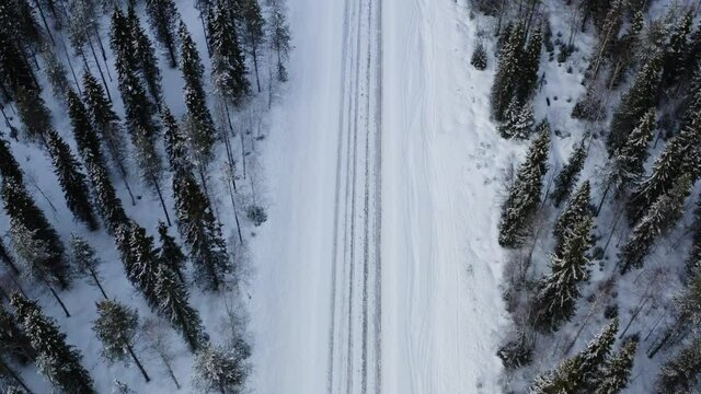 Bird&rsquo;s eye view of winter path countryside road on vacation getaway, frozen snovy way with trees and freedom natural landscape for holiday adventure
