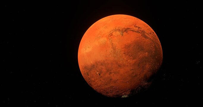Spinning red textured barren desert mars planet in dark outer space