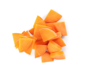 Pieces of fresh ripe carrot isolated on white, top view