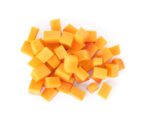Cubes of fresh ripe carrot isolated on white, top view