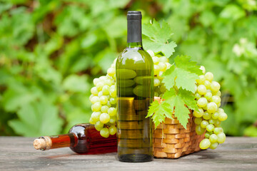 White and rose wine bottle and ripe grape