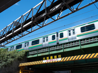 青空と鉄橋を渡る鉄道