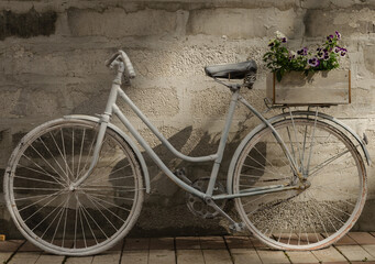 Fototapeta na wymiar Vintage white bicycle on a background of a concrete wall with one box of flowers. Right location.