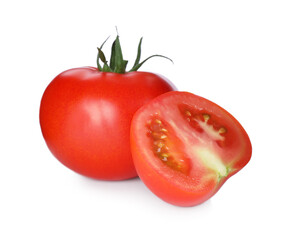 Tasty ripe tomatoes with leaves isolated on white