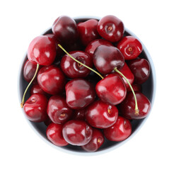 Tasty ripe red cherries in bowl isolated on white, top view