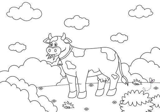 Spotted cow, black and white vector illustration in cartoon style for coloring book. Coloring book happy cow design.
