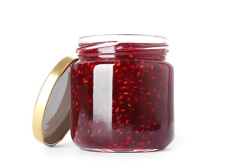Jar of raspberry jam isolated on white