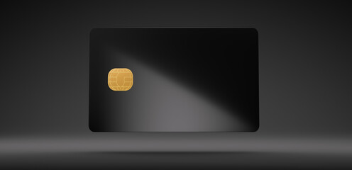 Black plastic credit card mockup, dark black background,3D Illustration