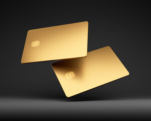 Golden plastic credit card mockup, dark black background,3D Illustration
