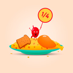 A person's stomach character asks to reduce a large amount of food on a plate. Vector illustration.