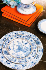 antique porcelain plate and cup on the table