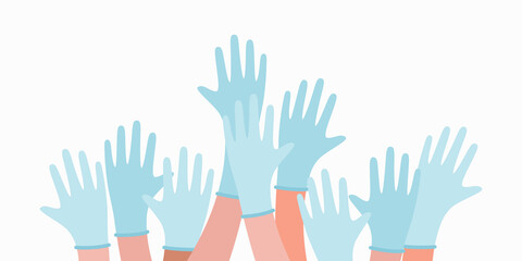 Doctors up hands in blue medical gloves vector illustration