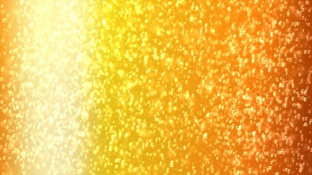 Fine bubbles rising in a glass with golden liquid or beer drink. Abstract bubble background. Seamless loopable background.