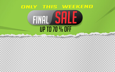The last sale is written on the green torn paper. Website store banner template. Online shopping. Vector illustration for posters and newsletter designs, ads