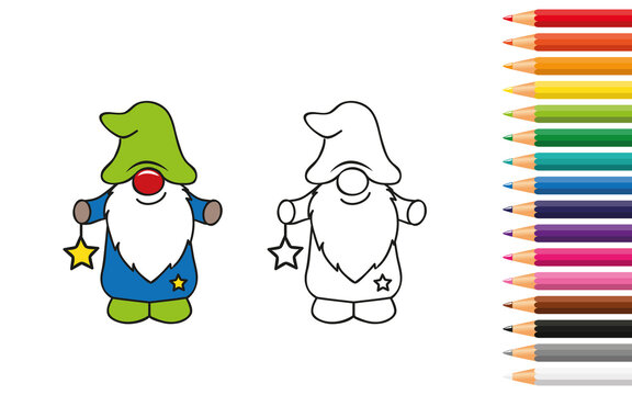 cute dwarf for coloring book with pencils vector illustration EPS10