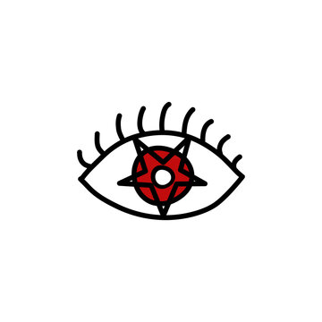 Eye eyelashes pentagram death star logo icon sign Hand drawn Doodle cartoon mystical satanic design style Fashion print clothes apparel greeting invitation card banner poster badge flyer game element