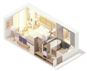 Vector isometric hotel suite interior cross-section. Hotel room with double bed, big window, tv, bathroom, bathtub and toilet, cabinet and other furniture