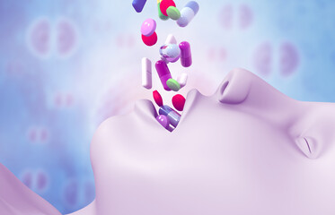 Medical pills in human mouth. 3d illustration.