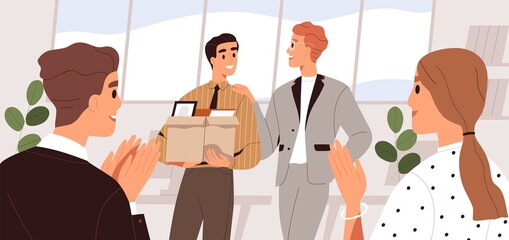People welcome new team member in the office. Colleague introduction and acquaintance. First day at work concept. Friendly coworkers applauding, meeting employee. Flat vector cartoon illustration