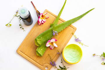 herbal shampoo ,soak cream treatment aroma health care for head and hairs from  aloe vera local of asia arrangement flat lay style on background wooden white