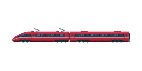Red Modern Railway Locomotive and Passenger Wagon, Railroad Transportation Flat Vector Illustration on White Background