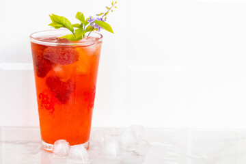 herbal healthy drinks cold strawberry juice and iced of lifestyle in summer decoration on background white 