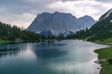 Lake and mountains, view to the Zugspitze from Seebensee, Austria