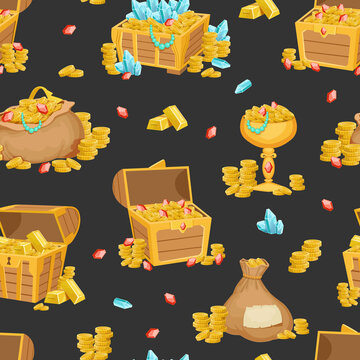 Gold Treasures Seamless Pattern, Wooden Chest and Bag full of Gold Coins Cartoon Vector Illustration