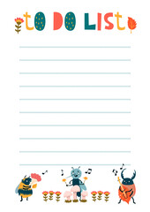 To-do list with beetles musicians. Vector graphics
