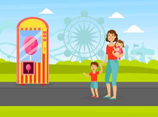 Obraz na płótnie Canvas Mother with Her Two Kids Walking in Amusement Park, Cotton Candy Vending Machine Vector Illustration
