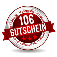 10 Euro Coupon Button - Online Badge Marketing Banner with Ribbon on white Background. German-Translation: 10 Euro Gutschein