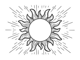 Sun sketch engraving vector illustration. T-shirt apparel print design. Scratch board imitation. Black and white hand drawn image.