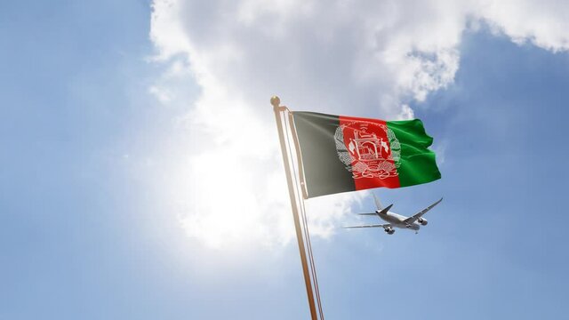 Flag of Afghanistan Waving with Airplane arriving or departing, Realistic Animation