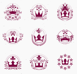 Royal Crowns emblems set. Heraldic vector design elements collection. Retro style label, heraldry logo.