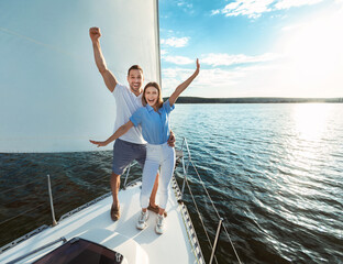 Couple Having Fun On Yacht Posing Sailing On River