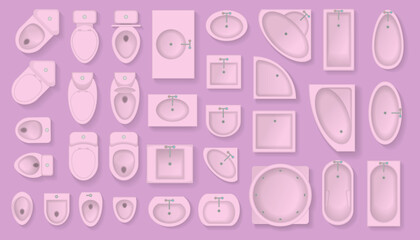 Fototapeta premium Vector set. Bathroom furniture. Top view. Architectural collection. Baths, shells, toilets, bidets, urinals, showers. View from above.