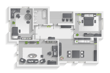 Apartment floor plan. (top view) Furnished flat. (view from above) Interior architecture. Living room, bedroom, kitchen, bathroom, office.  - 370736700