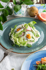 Fresh mixed salad with egg, radish and sesame seeds on green plate on the table