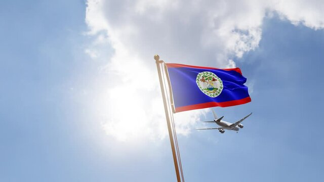 Flag of Belize Waving with Airplane arriving or departing, Realistic Animation