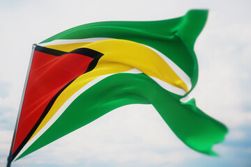 Fototapeta na wymiar Waving flags of the world - flag of Guyana. Shot with a shallow depth of field, selective focus. 3D illustration.