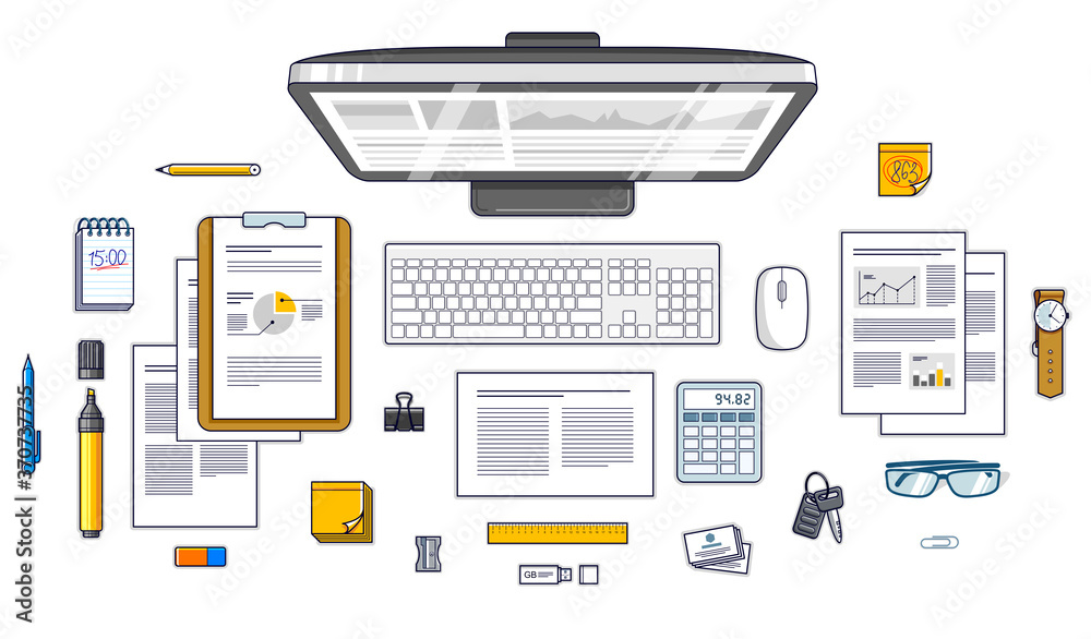 Poster office employee or entrepreneur work desk workplace with pc computer and analytics papers with graph