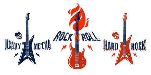 Fototapeta na wymiar Hard Rock emblems with electric guitar vector logos set, concert festival or night club labels, music theme illustrations, guitar shop or t-shirt print, rock band sign with stylish typography.